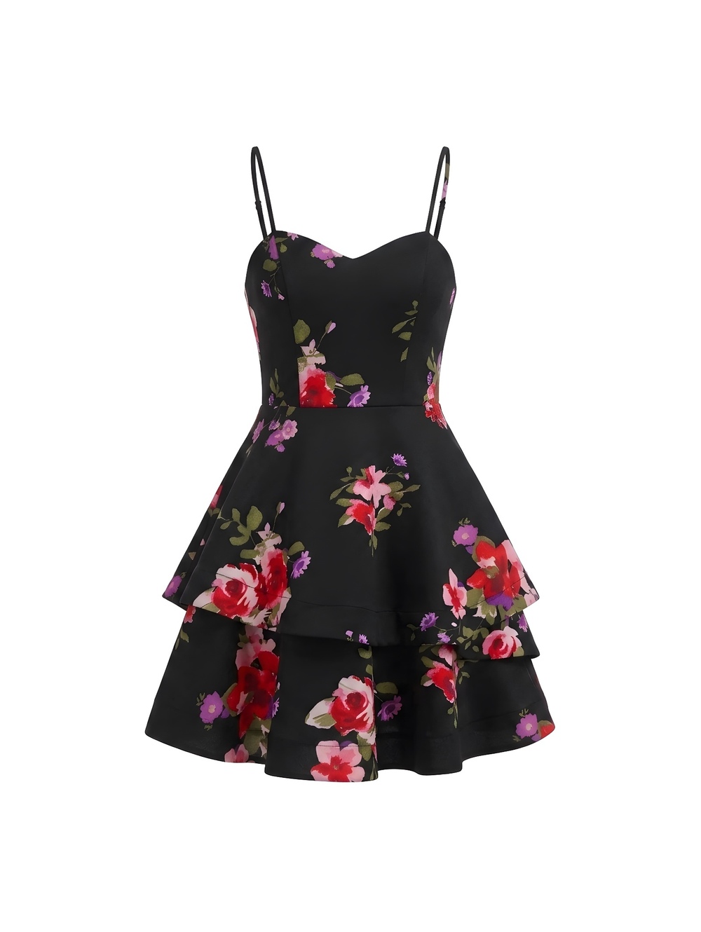Black Floral Print Tiered Mini Dress with Spaghetti Straps